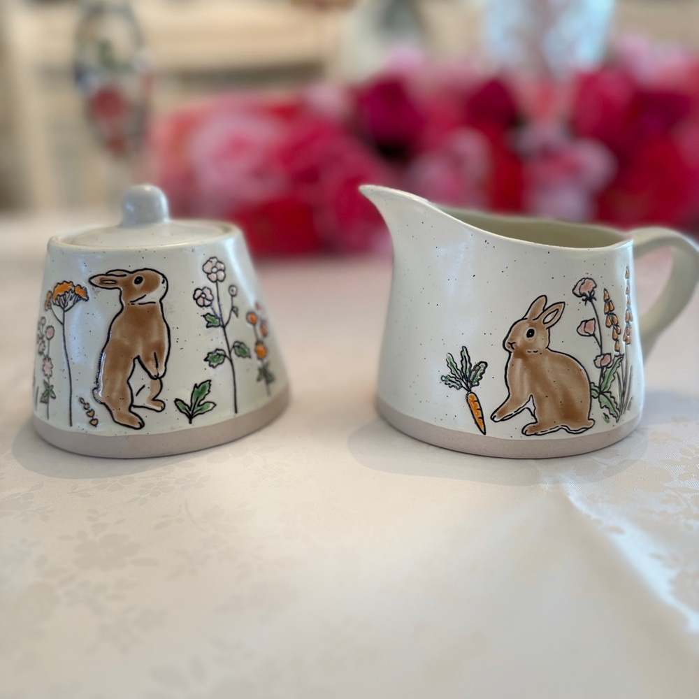 ELI & ANA Easter Bunny Rabbit Creamer Cup & Sugar Bowl Dish With Lid